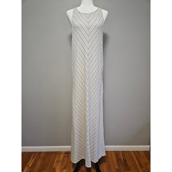 Womens Linen Maxi Dress Med Beige Neutral Sleeveless Striped Boho Resort Summer - Picture 1 of 9